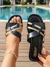 olcso Nők-női fekete és arany papucs - elegáns, keresztpántos lapos papucs - sikkes luxus üdülőcipő trópusi nyaraláshoz és medence melletti pihenéshez