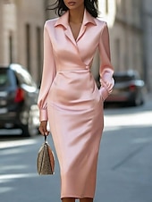 cheap Plain Dress-Women's Midi Dress Satin Dress Work Dress Elegant Fashion Modern Outdoor Office Vacation Regular Fit Slim Plain Long Sleeve Shirt Collar Pink Summer Spring Fall Autumn