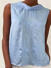 Недорогие Основные искусственные рубашки-Жен. Летние вершины Блуза Нарядные Топы Искусственный хлопок и лен Рюши Пэчворк Пуговицы Полотняное плетение Элегантный стиль Винтаж Дамы Без рукавов Вырез-хомут Обычные топы