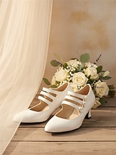 cheap Mother of Bride/Groom-Women's White Triple Strap Pearl Kitten Heels – Pointed Toe Elegant Mary Jane Pumps for Indoor Church Weddings, Mother of the Bride &amp; Sophisticated Ladies