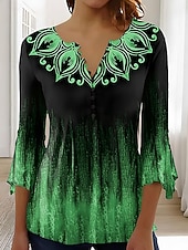  Dámské tričko ombre květinová grafika elegantní vintage stylové 3/4 rukáv V-výstřih standardní topy na každodenní nošení knoflíky modrá růžová červená zelená léto jaro