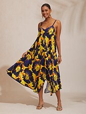 preiswerte Lässiges Kleid mit Aufdruck-Sommerkleid aus Rayon mit Blumenmuster