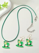 olcso kiegészítők-Női ötvözet anyagból készült Szent Patrik-napi nyaklánc és fülbevaló szett lóhere, kalap és lóhere mintákkal, tökéletes Szent Patrik-napra, mindennapi viseletre és ünnepi alkalmakra.
