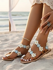 billige Kvinner-Dames bohemske blomstersandaler til stranden med bryllup - elegante, flate sandaler med tusenfrydpynt for bryllupsgjester, komfortable sommersko til brudefølget med sand &amp;bryllup på reisemål