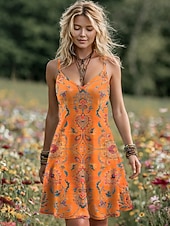 billiga Boho klänningar-Kvinnors Mini Klänning Boho A-linjeformad Klänning Slip Klänning Semester Avslappnad Utgång Vanlig Passform Grafisk Geometrisk Ärmlös V-ringad Blå Lila Orange Grön Sommar Vår