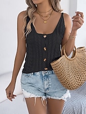 economico Serbatoio Semplice-Per donna Top a maglia a coste Canotta Maglietta Bottoni Tinta unica Moda Classico Casual Senza Maniche Collo quadrato Top Regolari Quotidiano Uscire Weekend Nero Bianco Cachi Estate Primavera