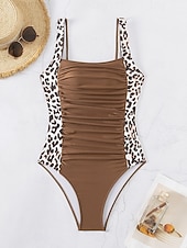 preiswerte Einteilige Badeanzüge-Damen Einteiler Badeanzug mit Bauchkontrolle Rundhals Leopardenmuster Racerback Raffung Sommer Strandmode Schnelltrocknender Stretchstoff Vollgröße Schwarz Badeanzug