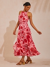 cheap Casual Dress-Spring Blooms Flowy Chiffon Waist-cinching Maxi Dress
