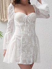economico Abiti in pizzo bianco-Per donna Mini Abito Abito Bianco Abito in Pizzo Vestito Casual Moda Caldo Moderno All'aperto Vacanza Uscire Vestibilità regolare Semplice Manica Lunga Collo quadrato Nero Bianco Estate Primavera