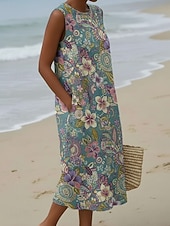 abordables Robes fleuries-Femmes Robe Midi Robe Décontractée Robe d'Été Robe fourreau ancien Quotidien Extérieur Vacances Coupe Ample Fleuri Sans manches Col ras du cou Bleu Vert Été Printemps