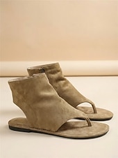 economico Donne-sandali gladiatore da donna in pelle scamosciata nera con intagli e cerniera laterale – stile boho festival, comodi sandali stivaletti piatti con punta aperta per festival musicali estivi e concerti