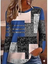 preiswerte Streifen- und geometrisches T-Shirt-Damen T Shirt Druck Grafik Geometrisch Mode Lässig Langarm Rundhalsausschnitt Normale Oberteile Täglich Blau Rosa Rote Leicht Braun Sommer Frühling Herbst Winter