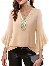 baratos Blusas Elegantes-Mulheres Blusa Tops de lantejoulas Patchwork Bloco de cor à moda Moderno Manga 3/4 Sino Decote V Tops regulares Diário Feriado Para Noite Azul Preto Vermelho Verde Verão Primavera