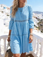 cheap White Lace Dresses-Women's Knee Length Dress White Lace Dress Eyelet Dress Elegant Fashion Modern Outdoor Beach Vacation Loose Fit Plain Half Sleeve Crew Neck Blue White Yellow Purple Summer Spring