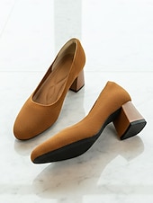 abordables Zapatos de salón de tacón ancho-Zapatos de tacón de bloque con puntera de punto en beige y negro para mujer: cómodos zapatos sin cordones transpirables para desplazamientos diarios de negocios y trabajo de oficina. &amp;damas