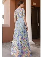 billige Gulvlengde-A-linje Kjoler Gulvlengde Festkjole Cocktail Kjole Gjestekjole til bryllup Kjole til brudens mor Halvlange ermer Crew-hals Illusjon Hals Elegant Årgang Formell Blonder Tyll med 3D-blomster Broderi