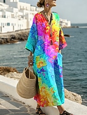 economico Arte &amp; Design Abiti-Abito Maxi da Donna in Lino Abito Casual Giornaliero Fit Lungo Ombre Grafica Maniche Lunghe Collo a V Blu Giallo Rosso Viola Estate Primavera