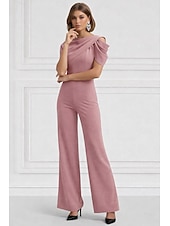 preiswerte Overalls für Mütter-Overalls Bodenlang Brautmutterkleid Kurzarm Rundhalsausschnitt Elegant Einfach Formell Hochzeitsgast Familientreffen Stretchstoff mit Einfarbig