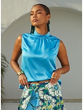 billiga Konst &amp; Design Blusar-ärmlös topp med vida axlar och stående krage i satin, avslappnad semester