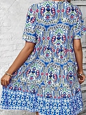 voordelige Vakantie Boho Jurk-Dames Mini-jurk strand jurk A lijn jurk Bloemetjesjurk Elegant Modieus Modern Dagelijks Buiten Vakantie Normale pasvorm Geometrisch Korte mouw V-hals blauw Rood Marine Blauw Oranje Zomer Lente Herfst