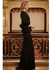 preiswerte Meerjungfrau Abendkleider-Meerjungfrauenschnitt Bodenlang Kleid für Hochzeitsgäste Abendkleid Brautmutterkleid Dreiviertelarm V Ausschnitt Elegant Formell mit Rüschen
