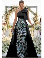 economico Lunghezza del pavimento-Linea ad A Tubino Colonna Lunghezza al pavimento Perline ricamate Abito da invitata a nozze Abito Formale Abito da cerimonia per signora Senza Maniche Monospalla Elegante Vintage Lussuoso Formale Raso
