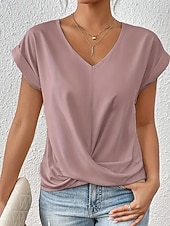 Χαμηλού Κόστους Βασικά Ψεύτικα Πουκάμισα-Γυναικεία Μπλουζάκι Συμπαγές Χρώμα Κλασσικό Καθημερινό Κοντομάνικο Λαιμόκοψη V Κανονικά μπλουζάκια Καθημερινά Εξόδου Σαββατοκύριακο Μαύρο Λευκό Ανθισμένο Ροζ Κρασί Βαθυγάλαζο Καλοκαίρι Άνοιξη