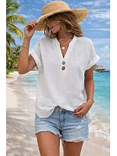 Недорогие Основные искусственные рубашки-Жен. Рубашка Блуза Искусственный хлопок и лен Пуговицы Сплошной цвет Классический На каждый день С короткими рукавами V-образный вырез Обычные топы Повседневные Офис Белый Лето