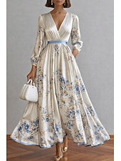 billige Cocktailkjoler-A-linje Gulvlengde Ankellengde Cocktailkjoler Elegant Blomster Langermet V-hals Hage fest Bryllup Sateng Cowlhals med Blomstertrykk