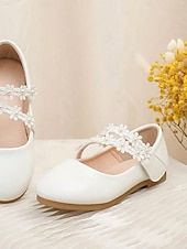 preiswerte Kinder &amp; Blumenmädchen-Elegante weiße Mary-Jane-Schuhe für Mädchen mit floralem Spitzenriemen und Perlenverzierungen, weichem Obermaterial aus PU-Leder und bequemer flacher Sohle, klassischer Prinzessinnenstil, perfekte