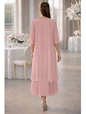  Duas Peças Linha A Longuette Vestido de convidada de casamento Vestido Para Mãe dos Noivos Meia Manga Scoop pescoço Elegante Formal Kentucky Derby Semi formal Chiffon Vestidos curtos com Bordado