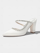 cheap Mother of Bride/Groom-Women's Ivory Block Heel Pumps with Rhinestone Strap, Elegant Mother of the Bride Shoes for Outdoor Garden Weddings