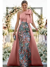 economico Lunghezza del pavimento-Linea ad A Tubino Colonna Lunghezza al pavimento Perline ricamate Abito da invitata a nozze Abito Formale Abito da cerimonia per signora Senza Maniche Monospalla Elegante Vintage Lussuoso Formale Raso