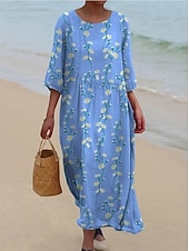 Χαμηλού Κόστους Floral φορέματα-Γυναικείο Μακρύ Φόρεμα Λινάρι Τόσο Αναπνεύσιμη Ελαφριά Σαλοπέτα Άμεσου Στυλ Καλοκαιρινό Φόρεμα Διακοπών Καθημερινό Μποχό Παραλία Διακοπές 3/4 Μανίκι Λαιμός Φαρέτρα