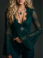 preiswerte Spitzenoberteile-Damen Hemd Bluse Spitzentops Spitze Netz Einfach Stilvoll Basic Klassisch Langarm V Ausschnitt Normale Oberteile Täglich Ferien Ausgehen Grün Frühling Herbst