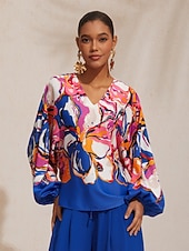 cheap Shirts,Tops &amp; Blouses-Vacation Artistic Floral Dolman Sleeve Satin Top