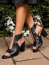 billiga Bröllopsgäst-Vita vävda sandaler med blockklack för kvinnor - eleganta klänningsskor med peep toe och utskurna detaljer för bröllopsgäster, bekväma pumps med mellanhög klack för trädgården &amp;utomhus sommarbröllop