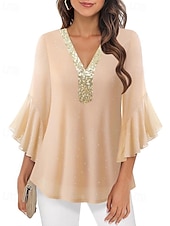 baratos Blusas Elegantes-Mulheres Blusa Tops de lantejoulas Patchwork Bloco de cor à moda Moderno Manga 3/4 Sino Decote V Tops regulares Diário Feriado Para Noite Azul Preto Vermelho Verde Verão Primavera