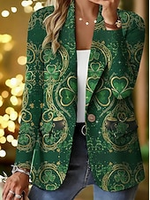 billige Blazere og dresser-Dame Blazer Bekvem Pustende Lomme Knapper Trykt mønster Daglig Fritid Avslappet Fest Saint Patricks dag Enkeltkneppet Normal Hakkjakkeslag Normal Langermet Yttertøy Grønn Vår Høst