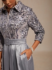 billiga Blommig klänning-Dam Maxiklänning A linjeklänning Empire midjeklänningar Fit And Flare Klänning Elegant Formell Kvällsfest Gradering Paljetter Spets Normal Ensfärgat Blommig 3/4 ärm Tröjkrage Silver