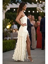  Tubino Colonna Lunghezza al pavimento Abito Bianco Piccolo vestito bianco Elegante Schiena Scoperta Senza Maniche Senza Spalline Festa serale Matrimonio Chiffon Senza schiena con Volant Spacco