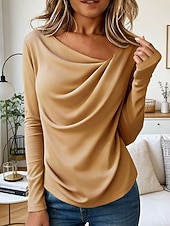 preiswerte Einfarbiges T-Shirt-Damen Tunika T Shirt Einfarbig Elegant Stilvoll Basic Langarm Wasserfallausschnitt Asymmetrischer Ausschnitt Normale Oberteile Täglich Blau Schwarz Weiß Purpur Khaki Frühling Herbst Winter