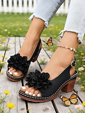 preiswerte Absatzsandalen-Graue Damen-Sandalen mit mittelhohem Absatz und Blumenmuster – elegant-lässiger Stil, bequemer Blockabsatz, ideal für Damen, Alltag, Gartenpartys, Reisen und Sommerveranstaltungen