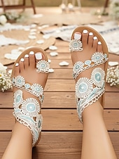 voordelige Bruid-Ivoorwitte kanten platte sandalen voor dames, elegante boho bruidsschoenen voor een strandbruiloft