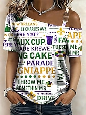 levne Dámské Mardi Gras Oblečení-Mardi Gras Dámské Tričko Grafika Tropický vzhled Havajské stylové Krátký rukáv Asymetrický krk Crop Tops Svatba na pláži Denní Sport Bílá / černá Bílá Žlutá Světle zelená Fialová Léto Jaro