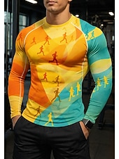 abordables T-shirts et Débardeurs de Course-Homme Géométrique T-shirt de compression Haut de course T-shirt de course Printemps Automne Impression 3D manche longue Séchage Rapide Compression Power Flex Évacuation de l'Humidité Respirant