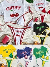 זול סט ביקיני 3 חלקים-בגדי ריקוד נשים בגדי ים ביקיני שלוש חלקים חוטיני בגד ים רזה גב חשוף חופשה בגדי חוף אותיות צווארון עגול ללא שרוולים שרוול קצר בגדי ים