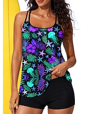 abordables Surfing Tankinis &amp; Bikinis-Mujer Regular Camiseta Protección Solar Surf Traje de baño con estampado floral Trajes de baño tankini Oceano Flores Tropical 2 Piezas Acolchado extraíble Boyleg Protección solar UV UPF50+ Elástico
