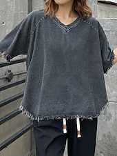  Damskie Koszulki Topy w stylu vintage prane Postrzępiony brzeg Asymetryczny/a Zabytkowe Elegancki Codzienny Krótki rękaw W serek Zwykłe topy Codzienny Wyjściowe Czarny Lato Wiosna