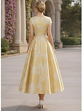cheap Cocktail Dresses-A-Line Tea Length Cocktail Dresses Wedding Guest Dresses Elegant Short Sleeve Boat Neck Garden Party Formal Satin Lace with Floral Print Pleats Ruched